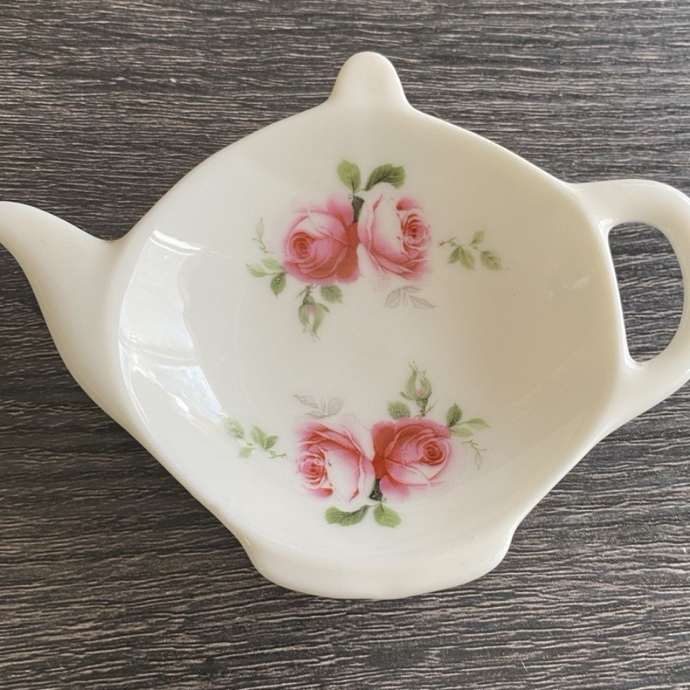 Allyn Nelson Collection Tea Bag Holder Spoon Rest Tea Pot Fine Bone China Roses